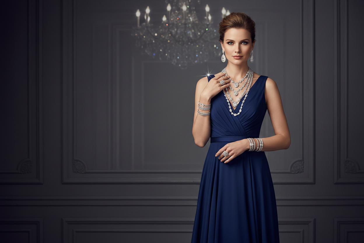 elegant lady with a lot of diamonds on